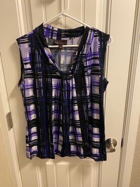 Dana Buchman L Top Stretch Purple Black White Large Blouse Sleeveless Shirt Lg